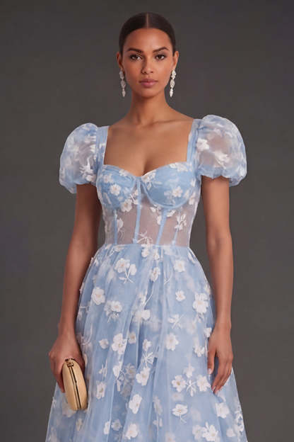 Blue Floral Corset Puff Sleeves Midi Beach Wedding Guest Dress