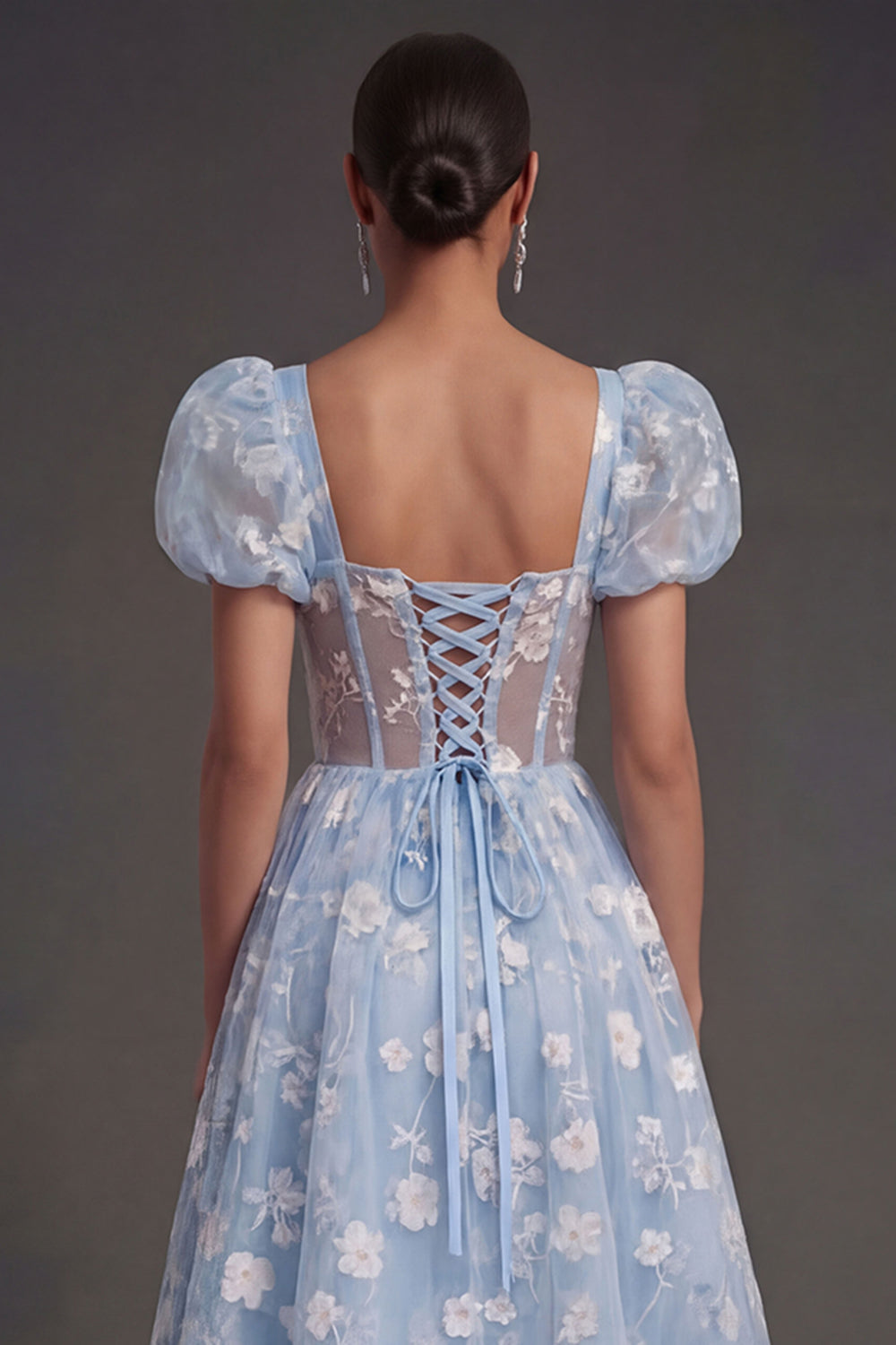 Blue Floral Corset Puff Sleeves Midi Beach Wedding Guest Dress