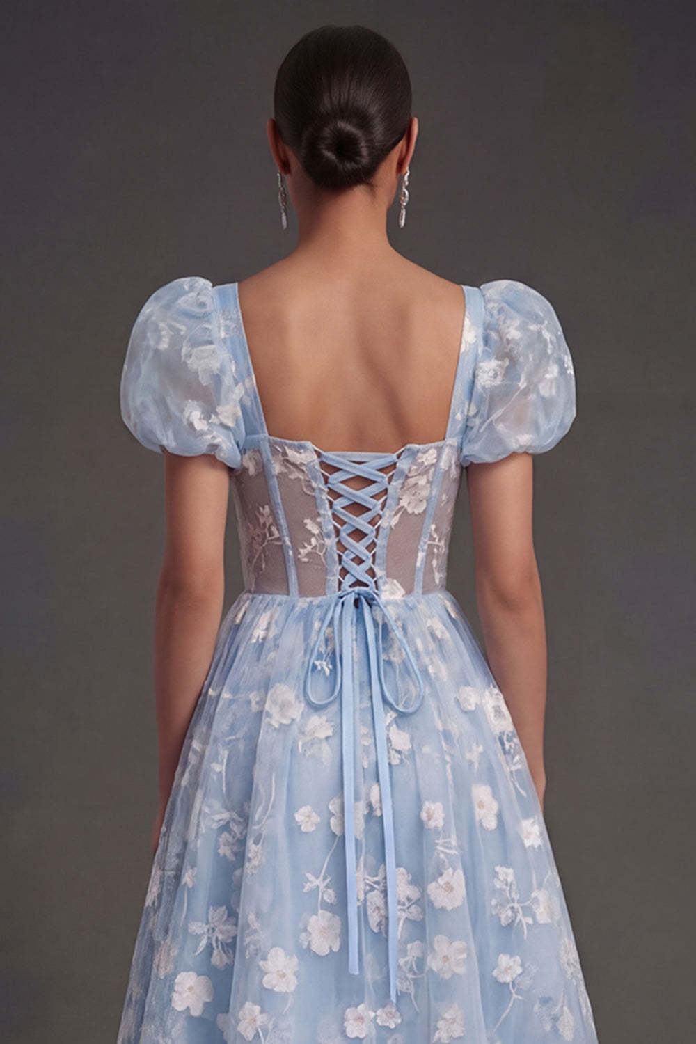 Blue Floral Corset Puff Sleeves Midi Beach Wedding Guest Dress