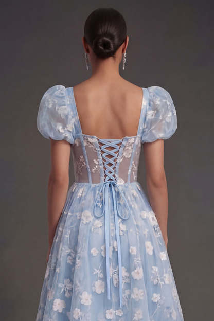 Blue Floral Corset Puff Sleeves Midi Beach Wedding Guest Dress