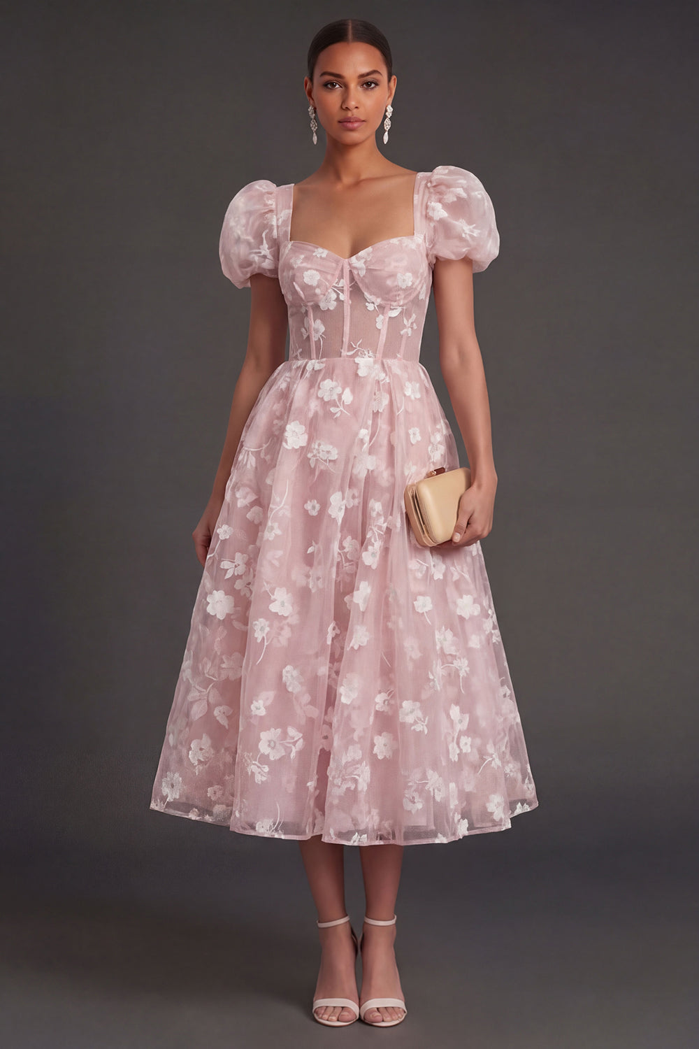 Blue Floral Corset Puff Sleeves Midi Beach Wedding Guest Dress
