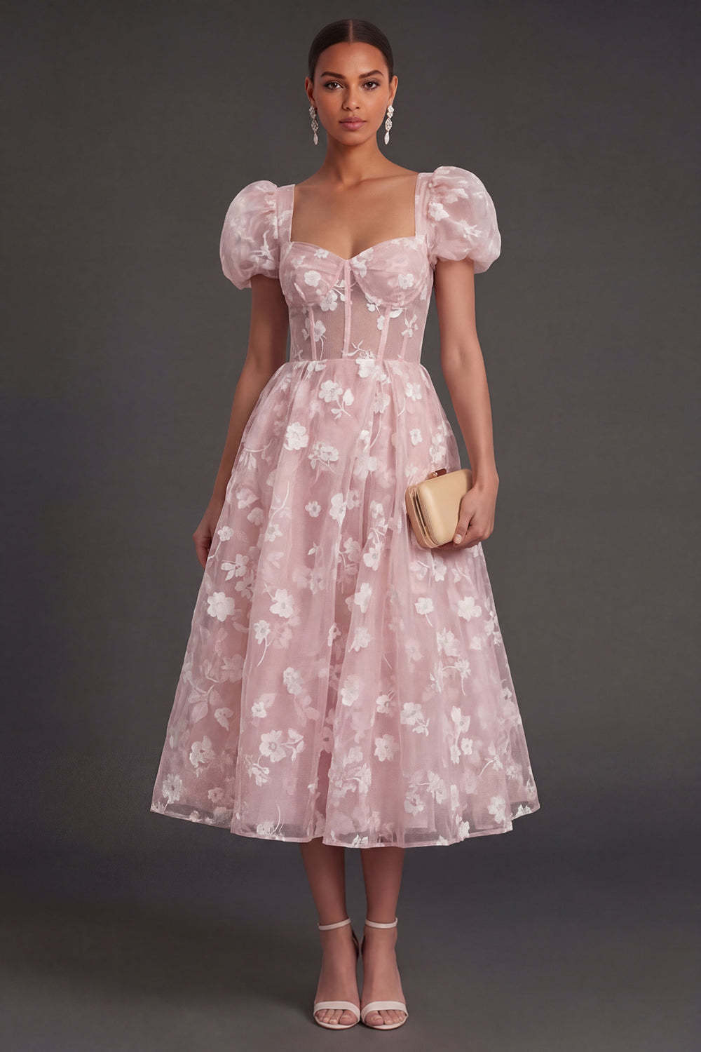 Blue Floral Corset Puff Sleeves Midi Beach Wedding Guest Dress