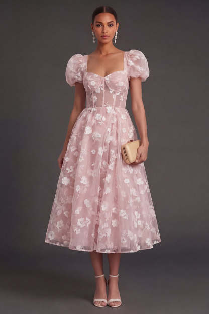 Blue Floral Corset Puff Sleeves Midi Beach Wedding Guest Dress