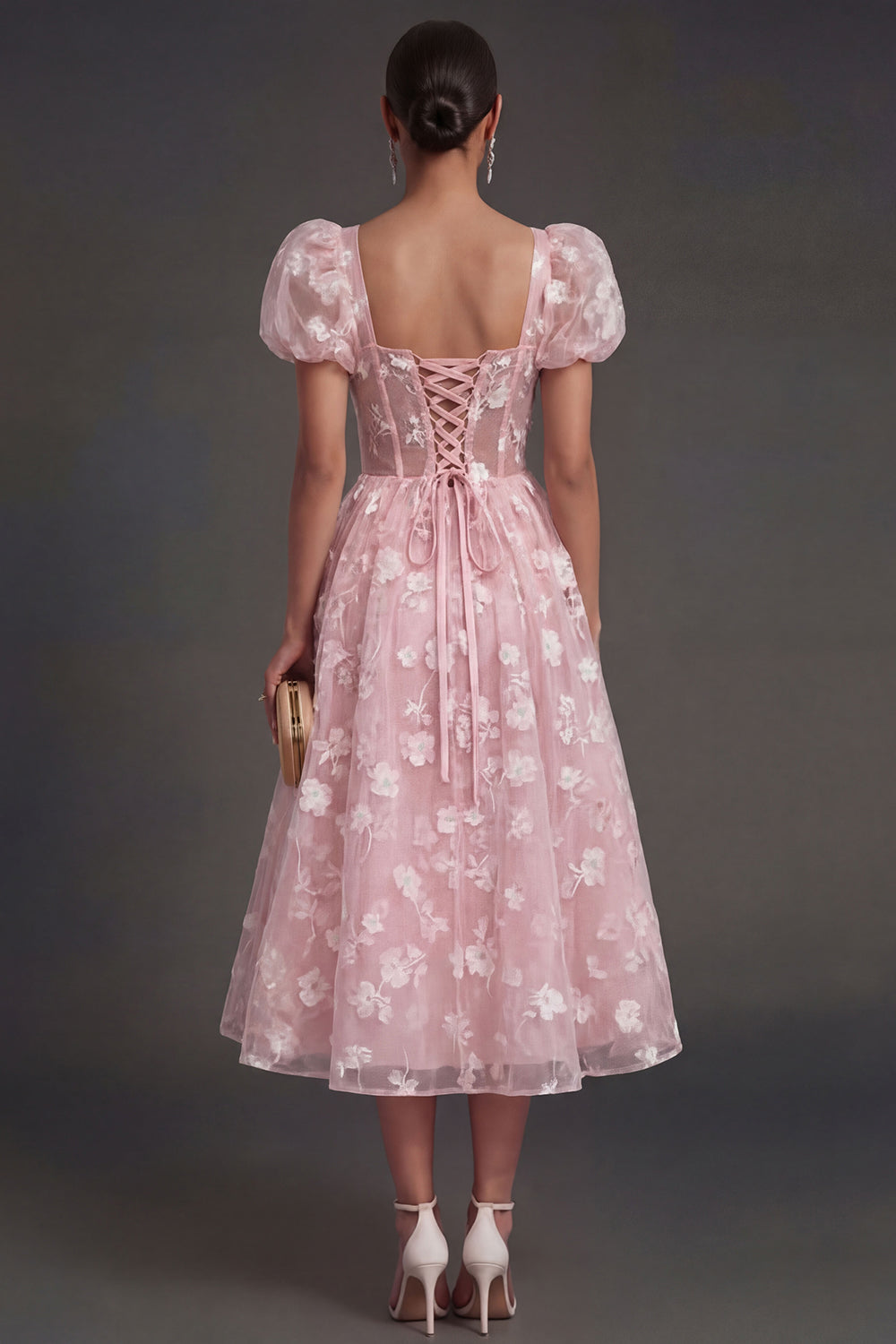 Blue Floral Corset Puff Sleeves Midi Beach Wedding Guest Dress