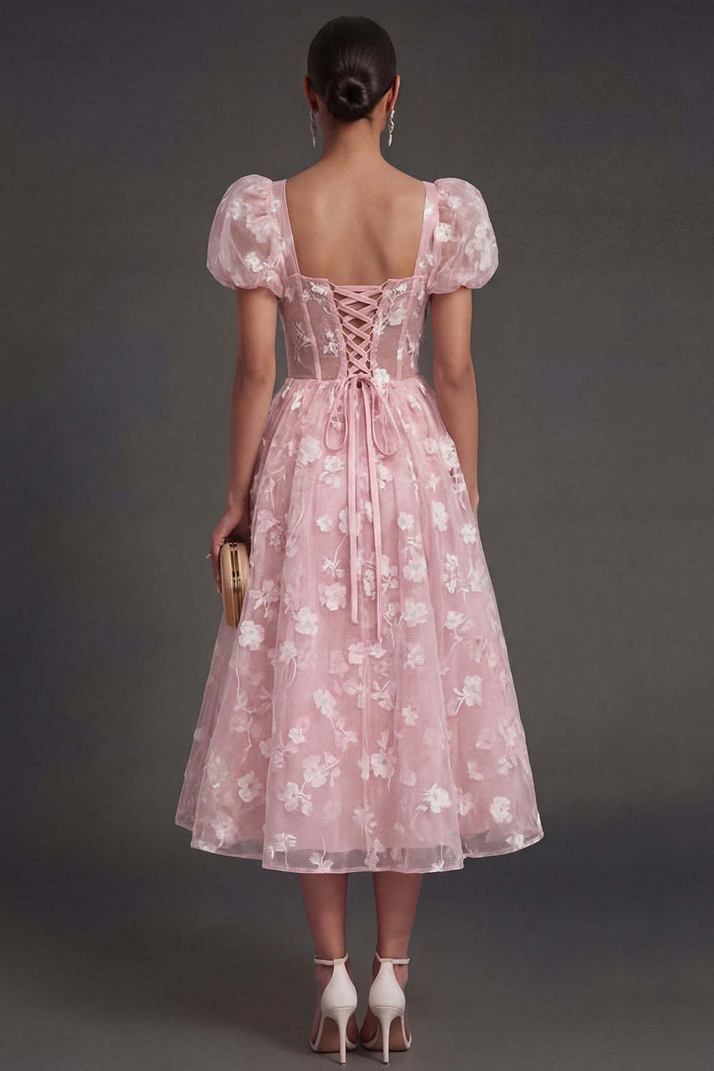 Blue Floral Corset Puff Sleeves Midi Beach Wedding Guest Dress