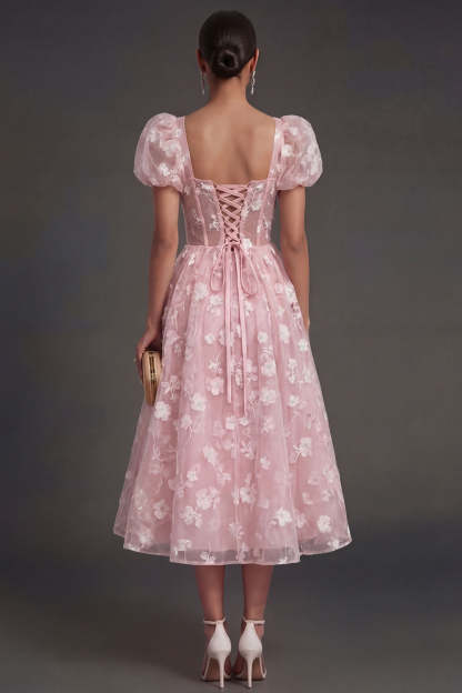 Blue Floral Corset Puff Sleeves Midi Beach Wedding Guest Dress