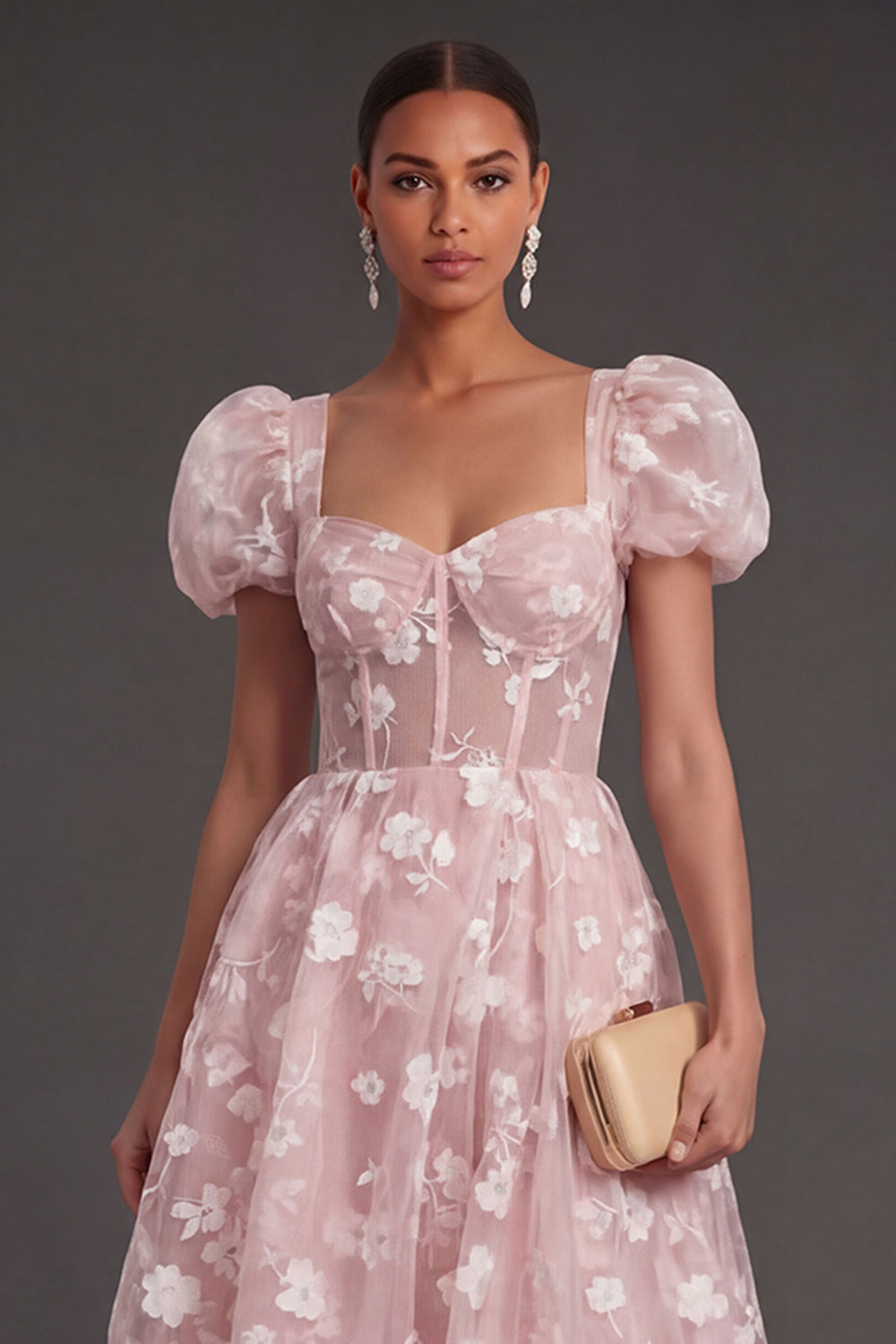 Blue Floral Corset Puff Sleeves Midi Beach Wedding Guest Dress