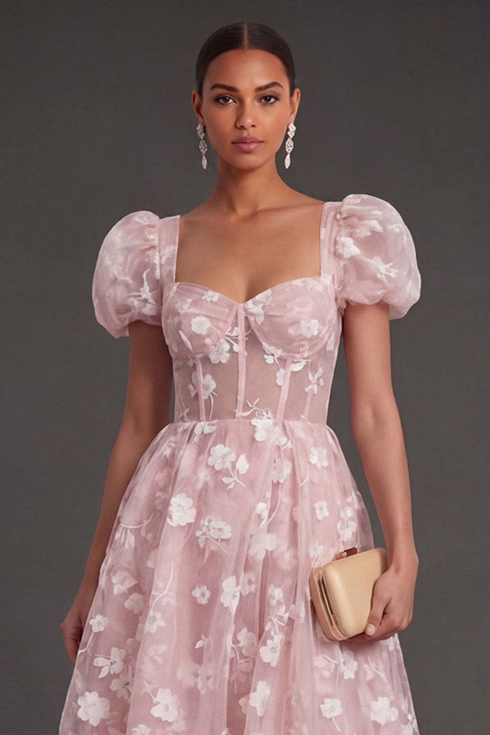 Blue Floral Corset Puff Sleeves Midi Beach Wedding Guest Dress