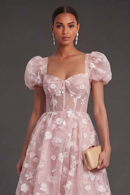 Blue Floral Corset Puff Sleeves Midi Beach Wedding Guest Dress