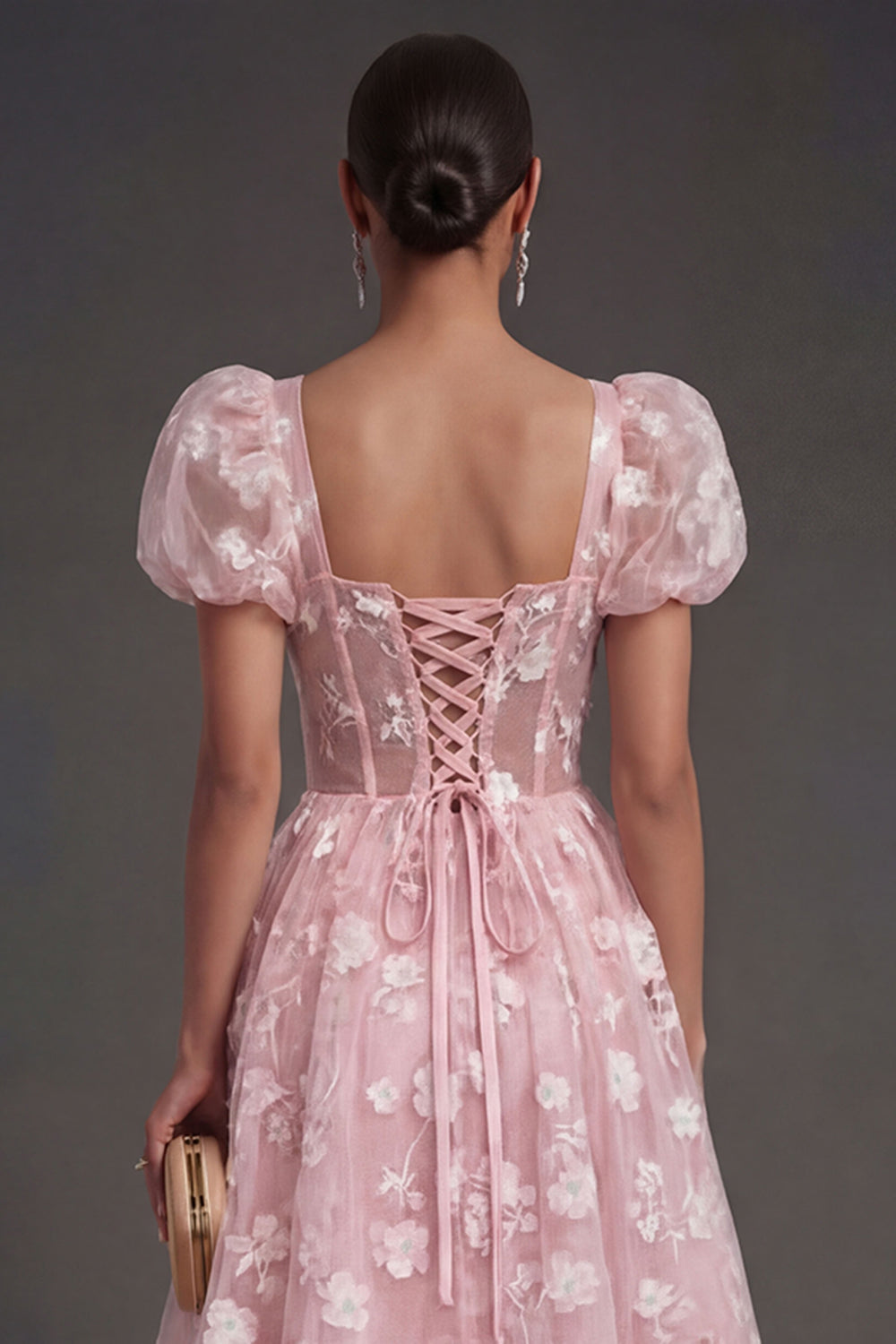 Blue Floral Corset Puff Sleeves Midi Beach Wedding Guest Dress