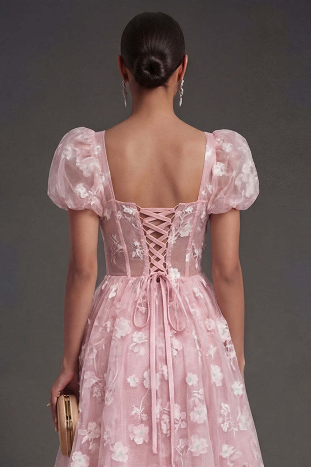 Blue Floral Corset Puff Sleeves Midi Beach Wedding Guest Dress