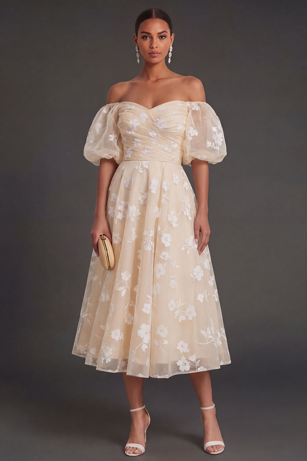 White Floral Appliqued Off the Shoulder Midi Beach Engagement Dress
