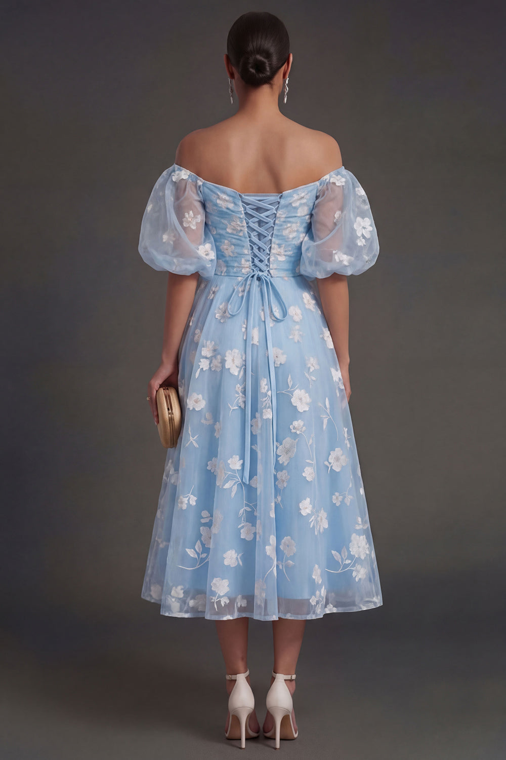 White Floral Appliqued Off the Shoulder Midi Beach Engagement Dress
