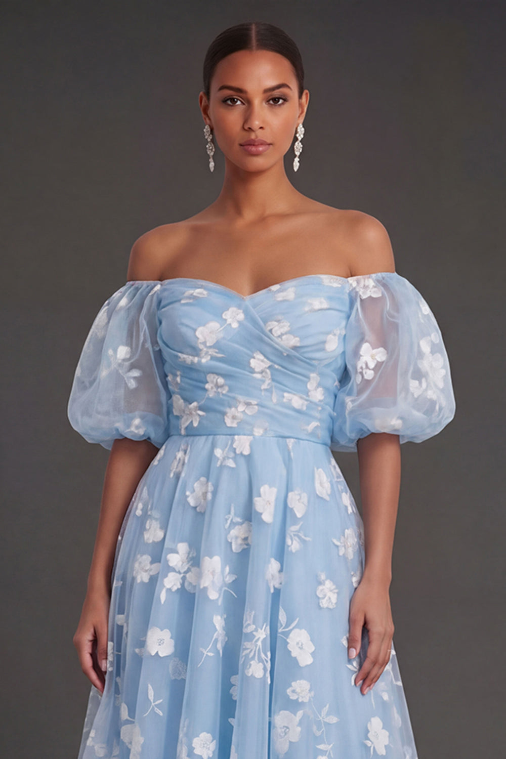 White Floral Appliqued Off the Shoulder Midi Beach Engagement Dress
