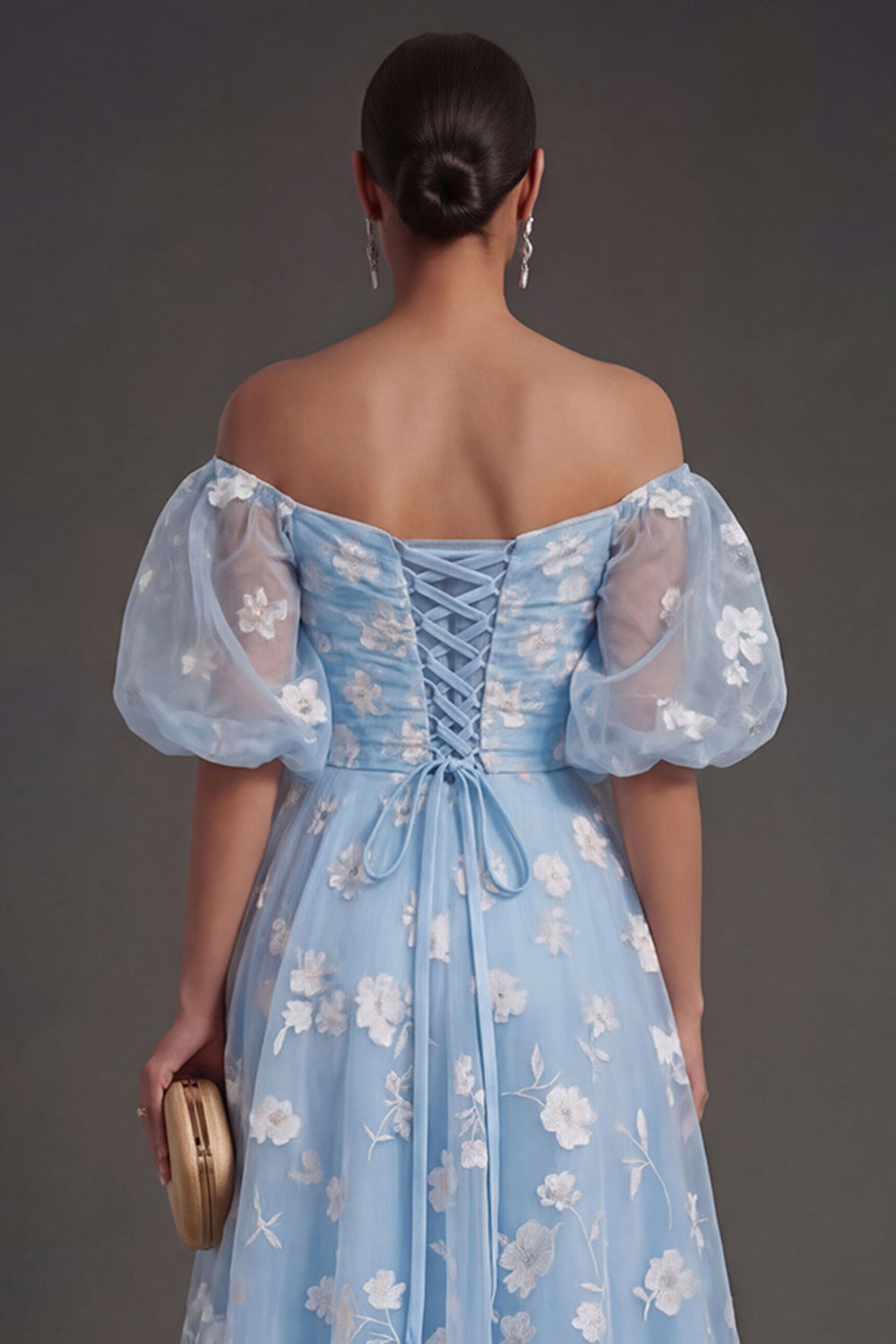White Floral Appliqued Off the Shoulder Midi Beach Engagement Dress