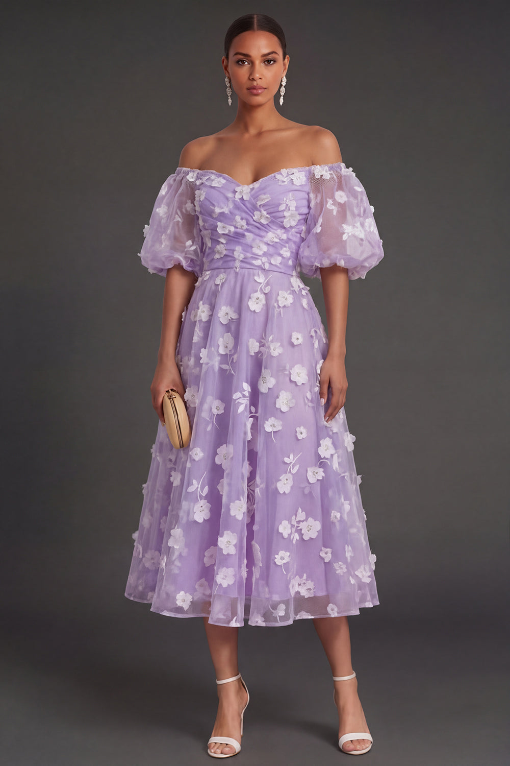 White Floral Appliqued Off the Shoulder Midi Beach Engagement Dress