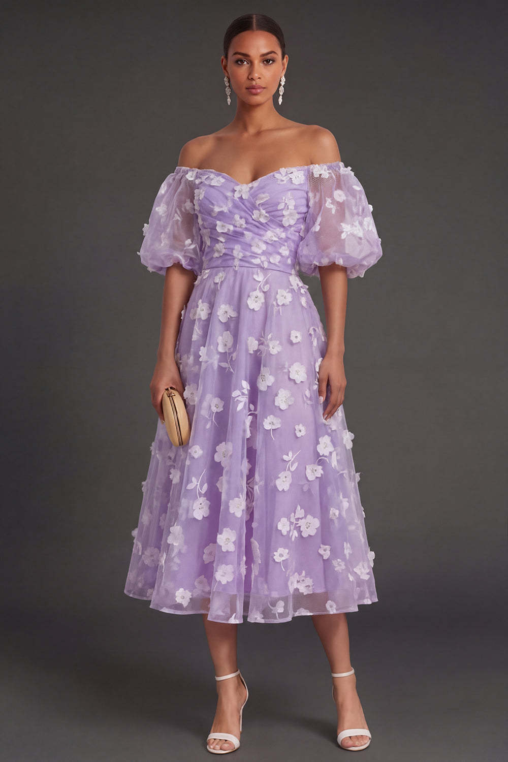 White Floral Appliqued Off the Shoulder Midi Beach Engagement Dress