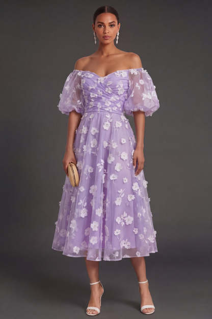 White Floral Appliqued Off the Shoulder Midi Beach Engagement Dress