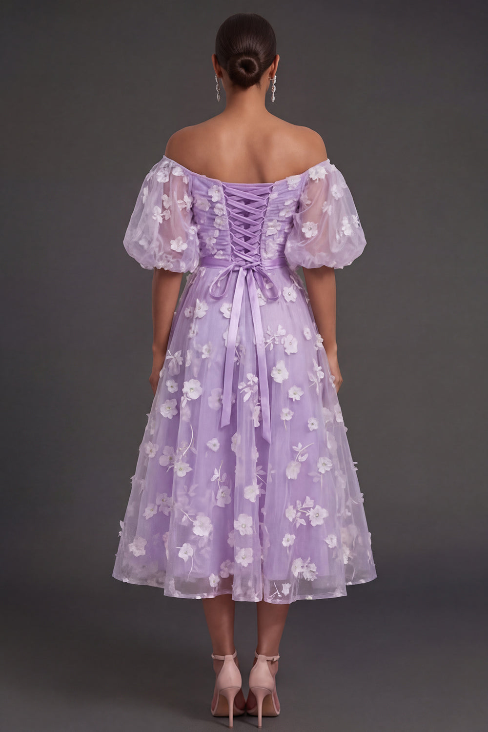 White Floral Appliqued Off the Shoulder Midi Beach Engagement Dress