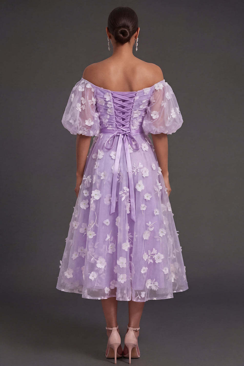 White Floral Appliqued Off the Shoulder Midi Beach Engagement Dress