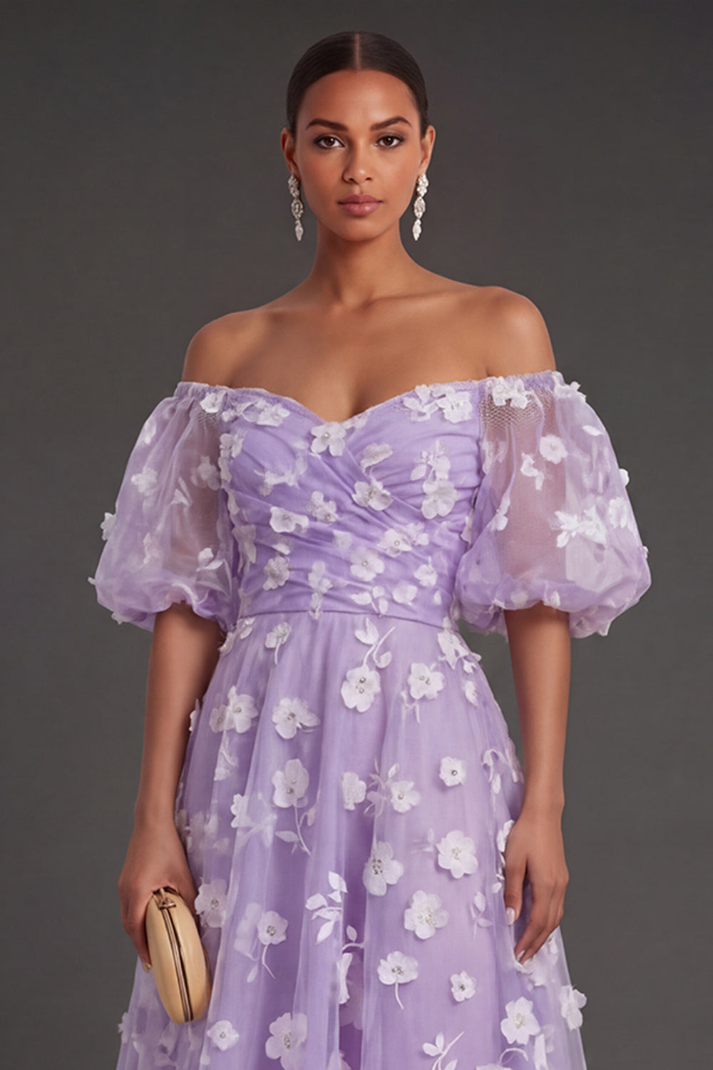 White Floral Appliqued Off the Shoulder Midi Beach Engagement Dress