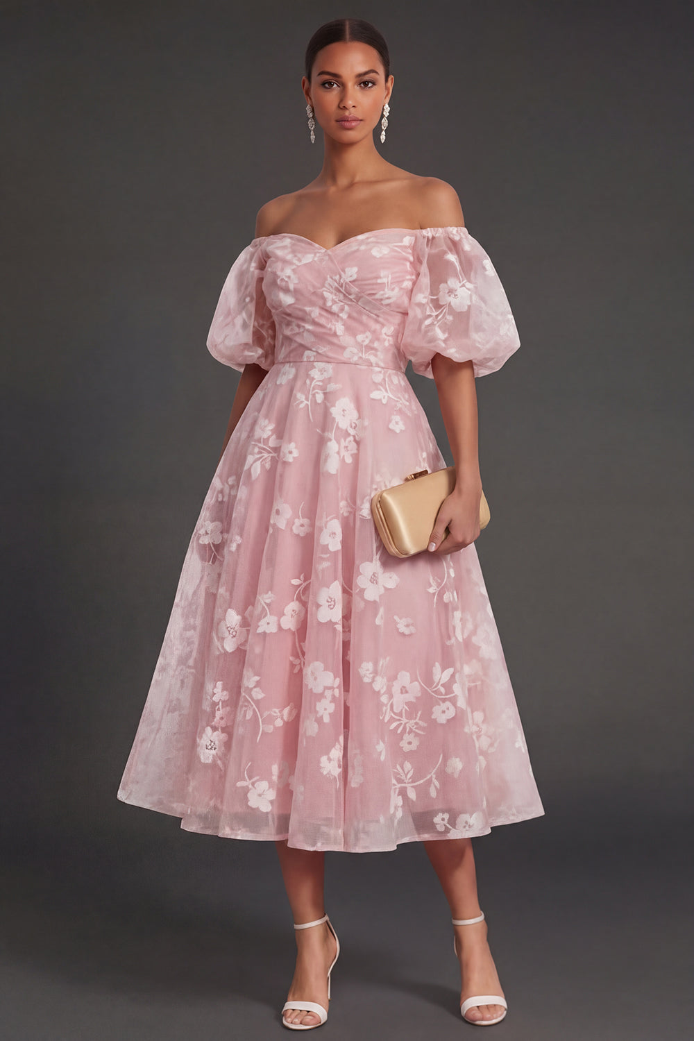 White Floral Appliqued Off the Shoulder Midi Beach Engagement Dress