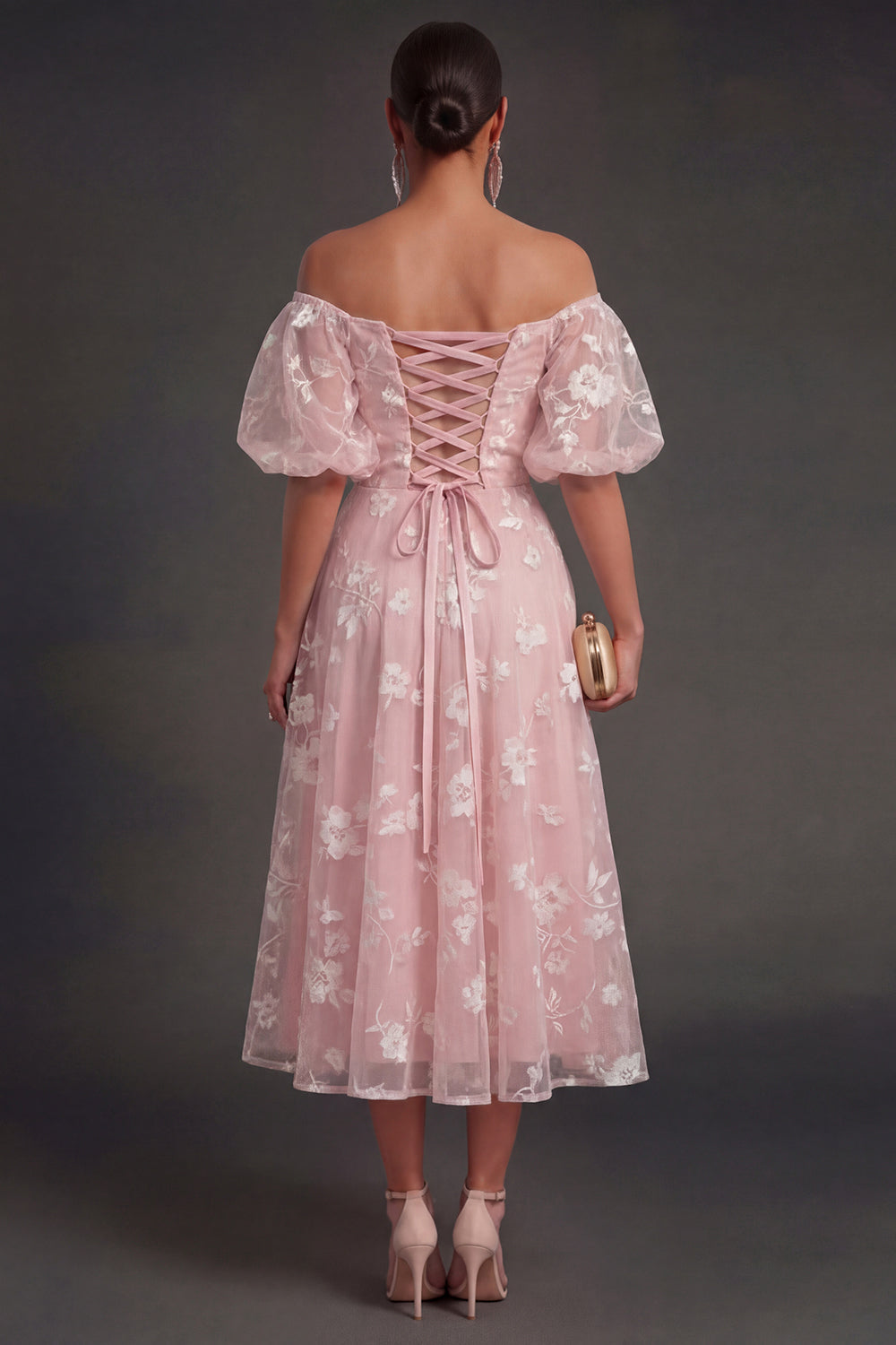 White Floral Appliqued Off the Shoulder Midi Beach Engagement Dress