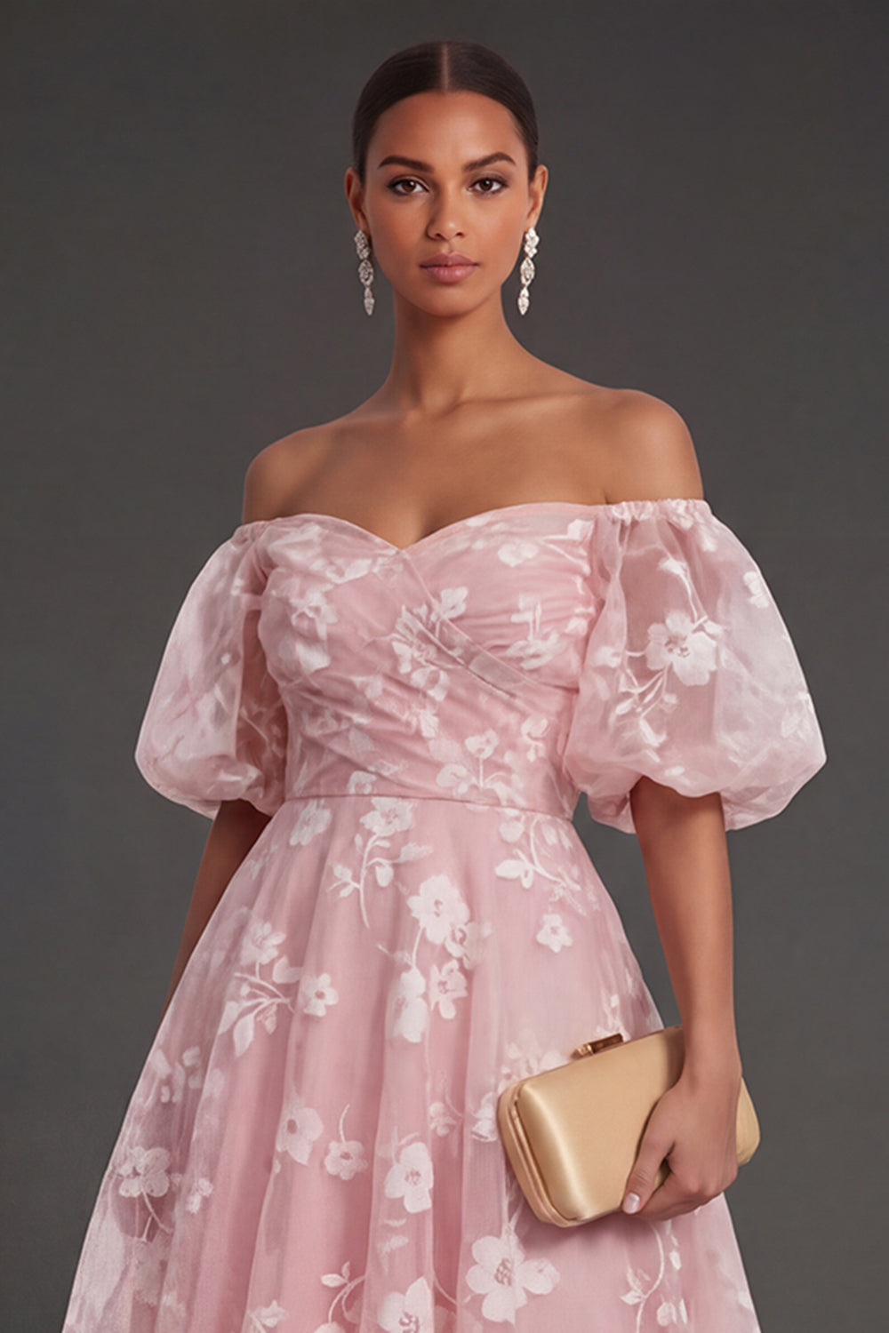 White Floral Appliqued Off the Shoulder Midi Beach Engagement Dress