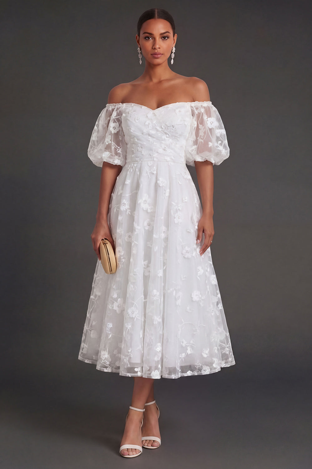 Leely Women Lilac Floral Puff Sleeves Appliqued Midi Beach Engagement Dress Off the Shoulder Ruched Wedding Reception Dress