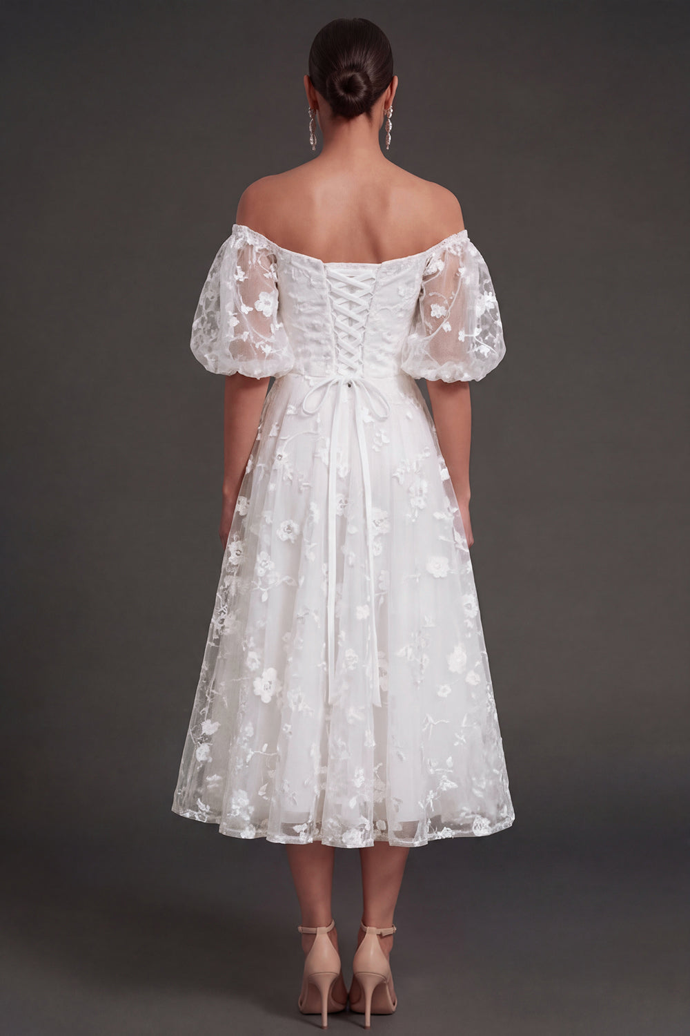 White Floral Appliqued Off the Shoulder Midi Beach Engagement Dress