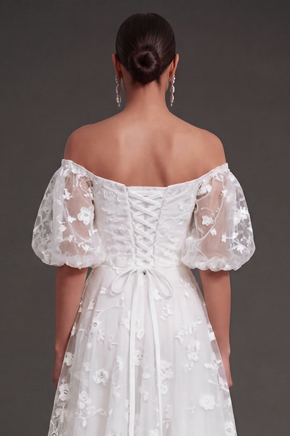 White Floral Appliqued Off the Shoulder Midi Beach Engagement Dress