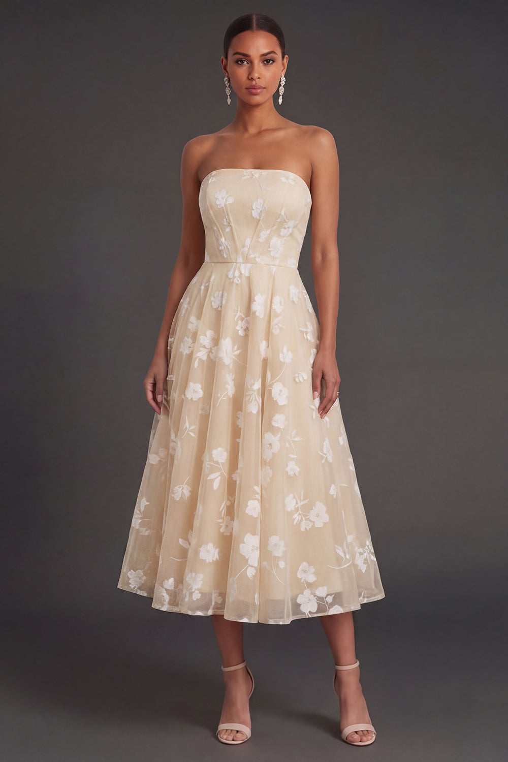 White Floral Appliqued Strapless Midi Beach Engagement Dress