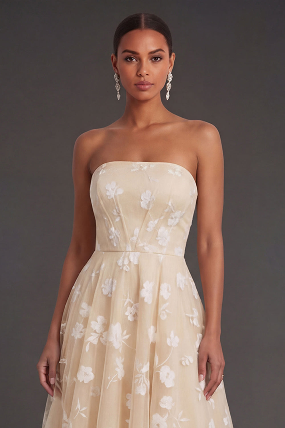 White Floral Appliqued Strapless Midi Beach Engagement Dress