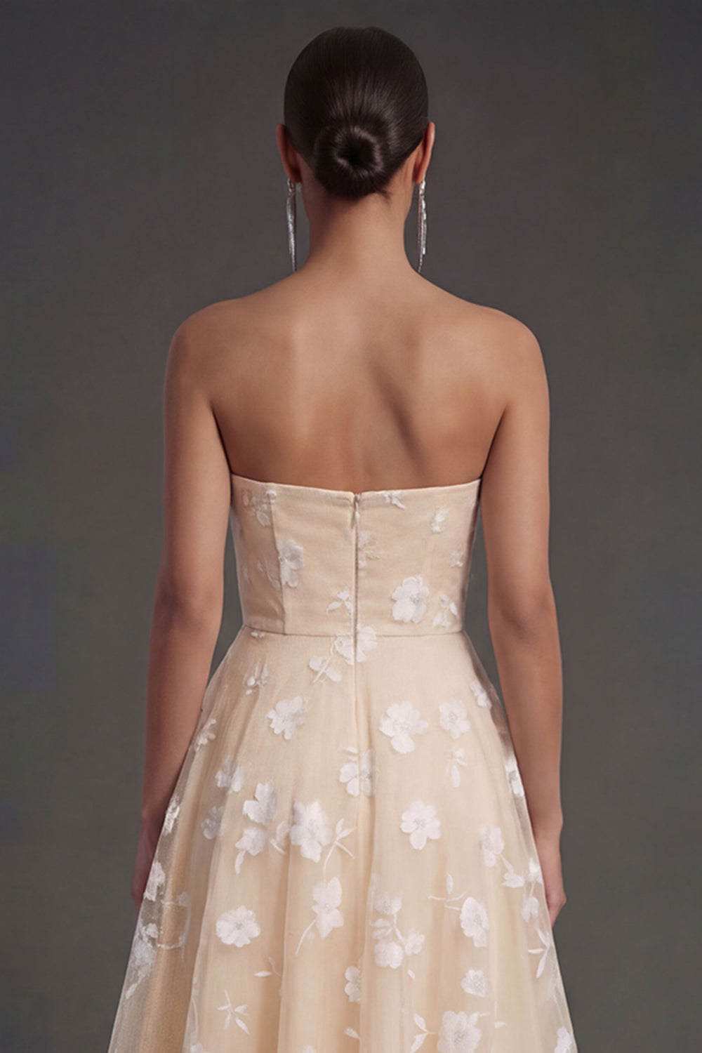 White Floral Appliqued Strapless Midi Beach Engagement Dress