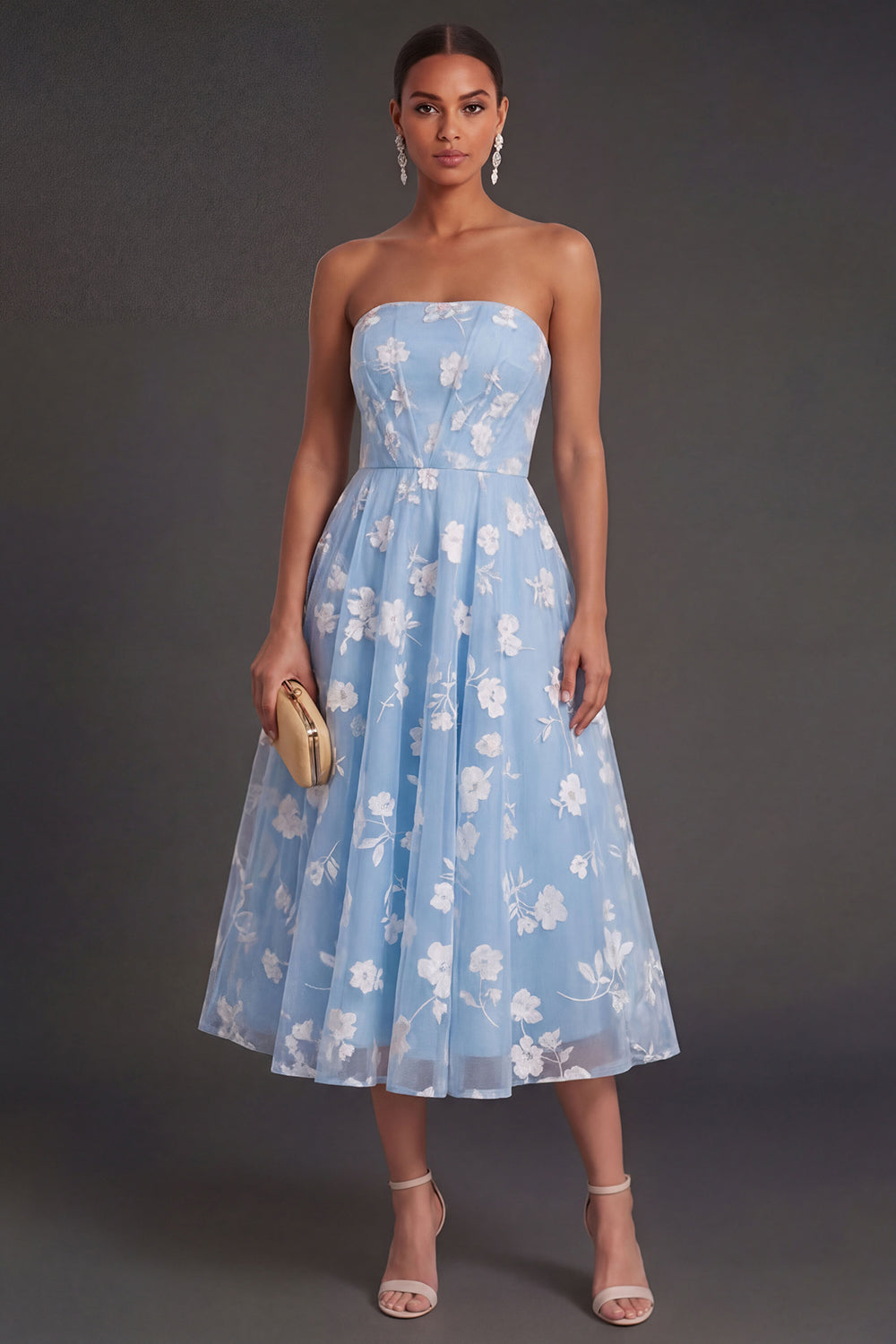 White Floral Appliqued Strapless Midi Beach Engagement Dress