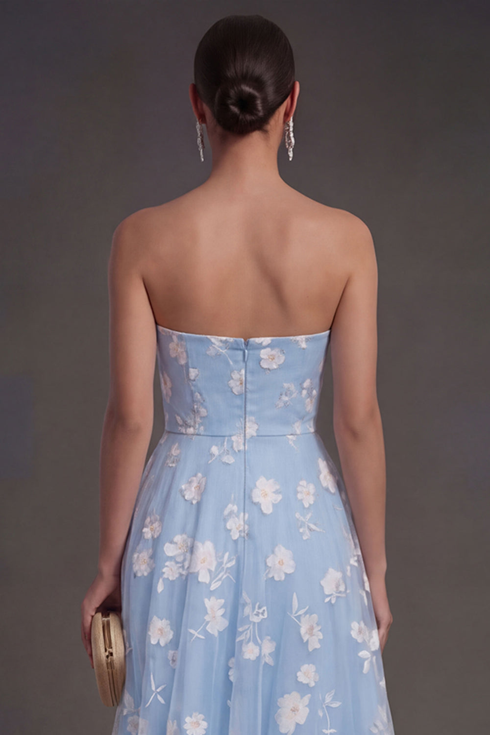 White Floral Appliqued Strapless Midi Beach Engagement Dress