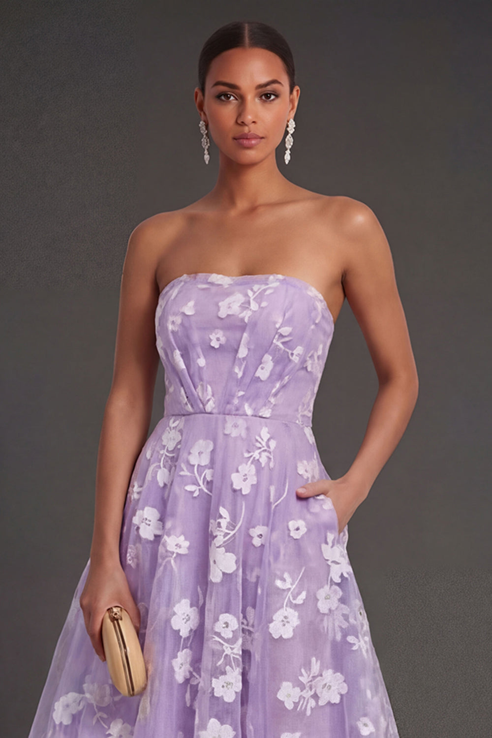 White Floral Appliqued Strapless Midi Beach Engagement Dress