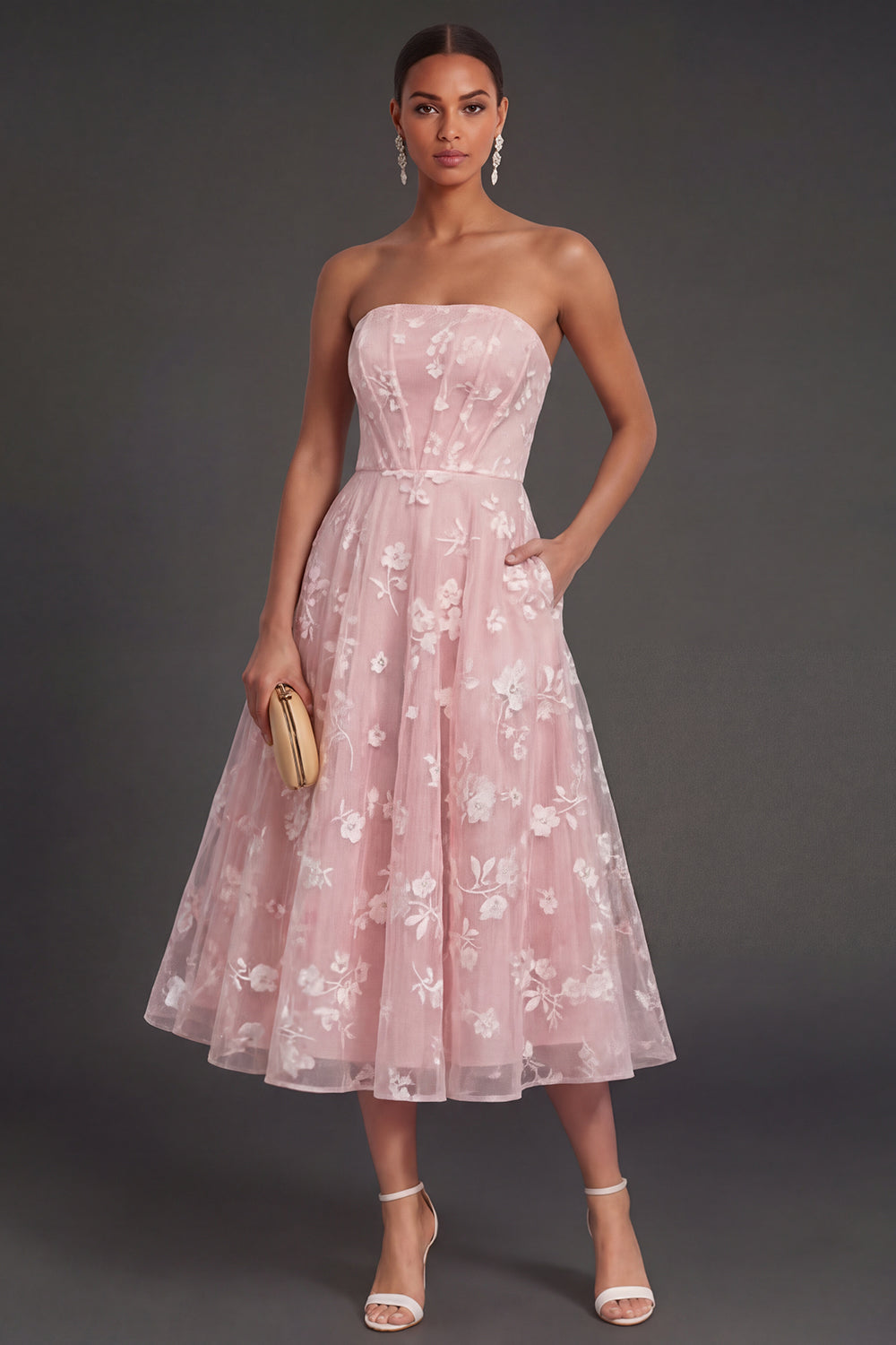 White Floral Appliqued Strapless Midi Beach Engagement Dress