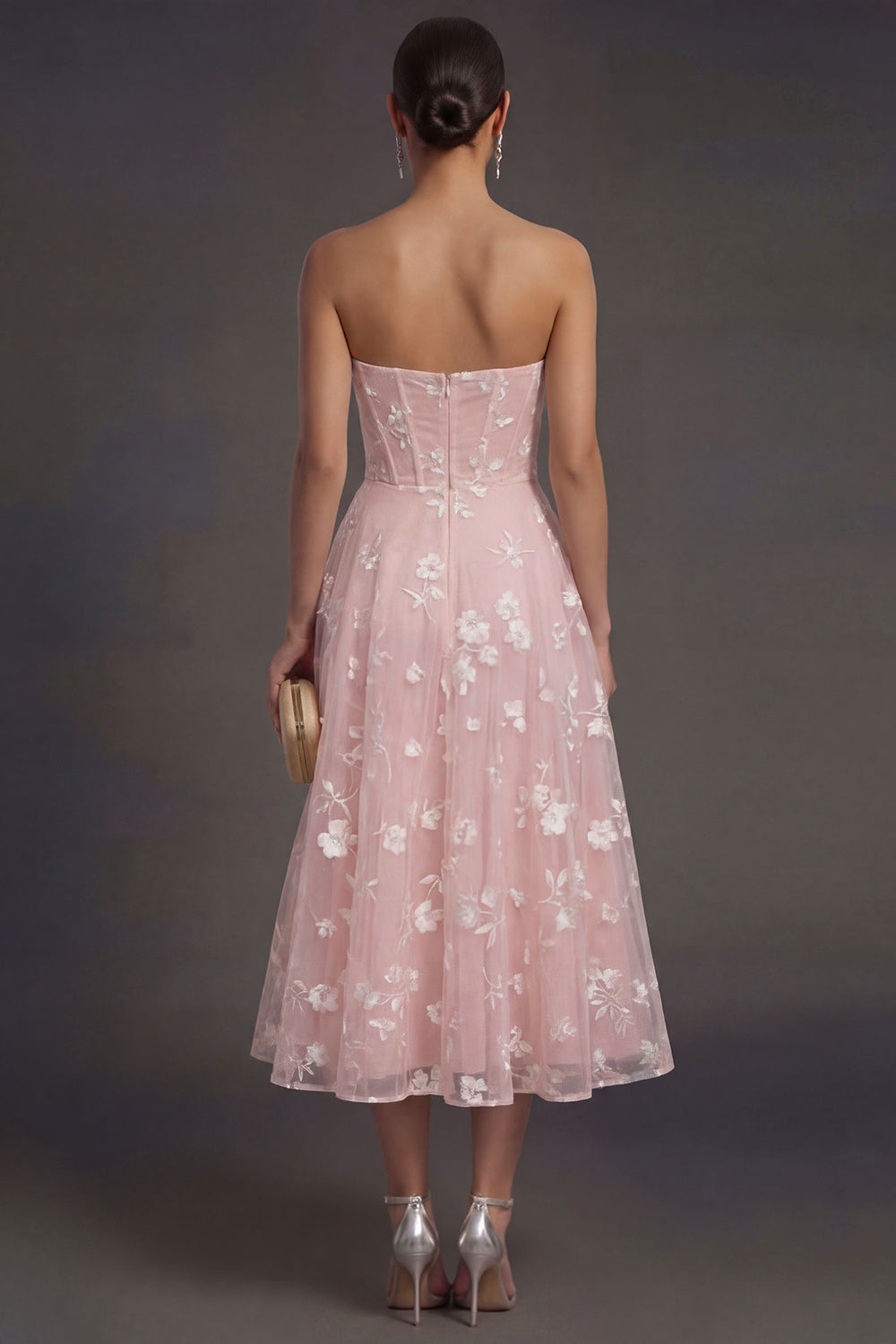 White Floral Appliqued Strapless Midi Beach Engagement Dress