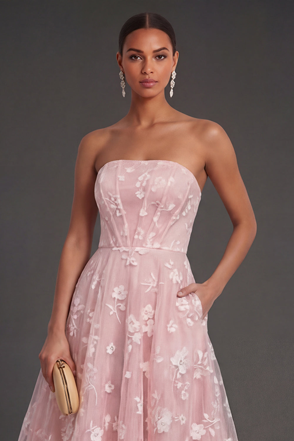 White Floral Appliqued Strapless Midi Beach Engagement Dress
