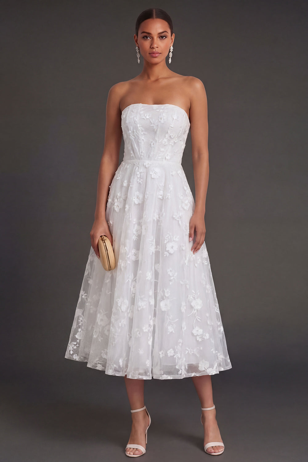 White Floral Appliqued Strapless Midi Beach Engagement Dress