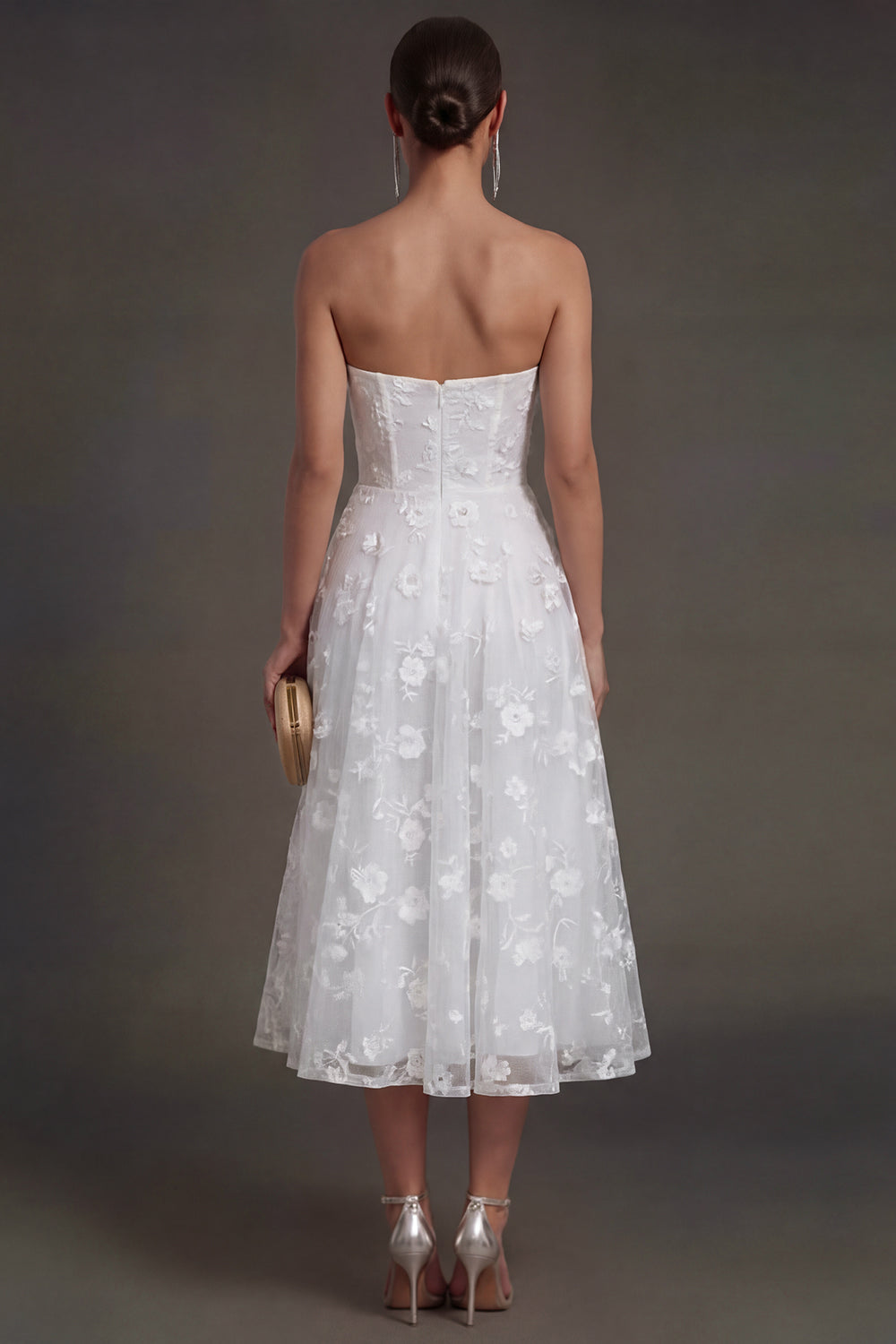White Floral Appliqued Strapless Midi Beach Engagement Dress