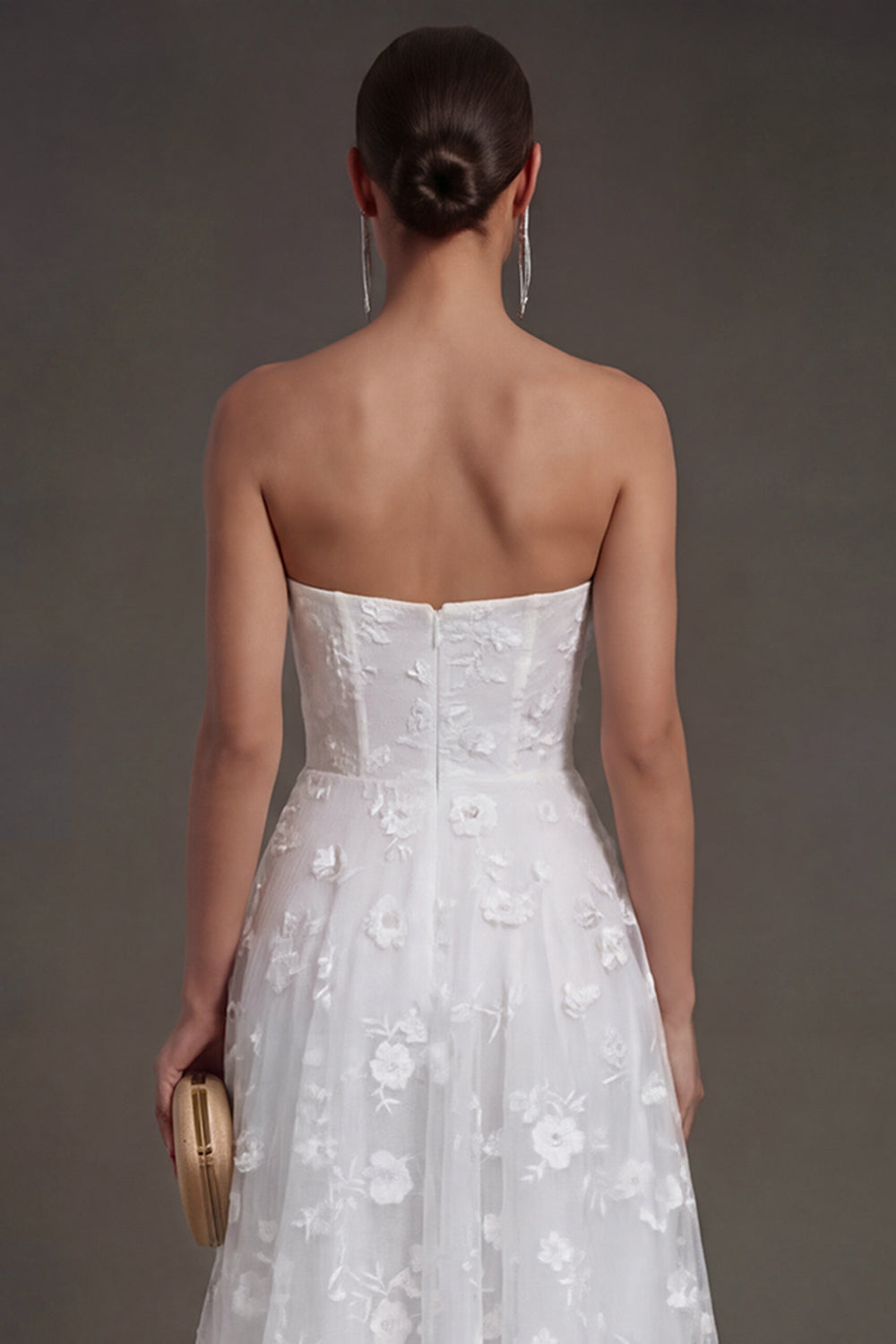White Floral Appliqued Strapless Midi Beach Engagement Dress