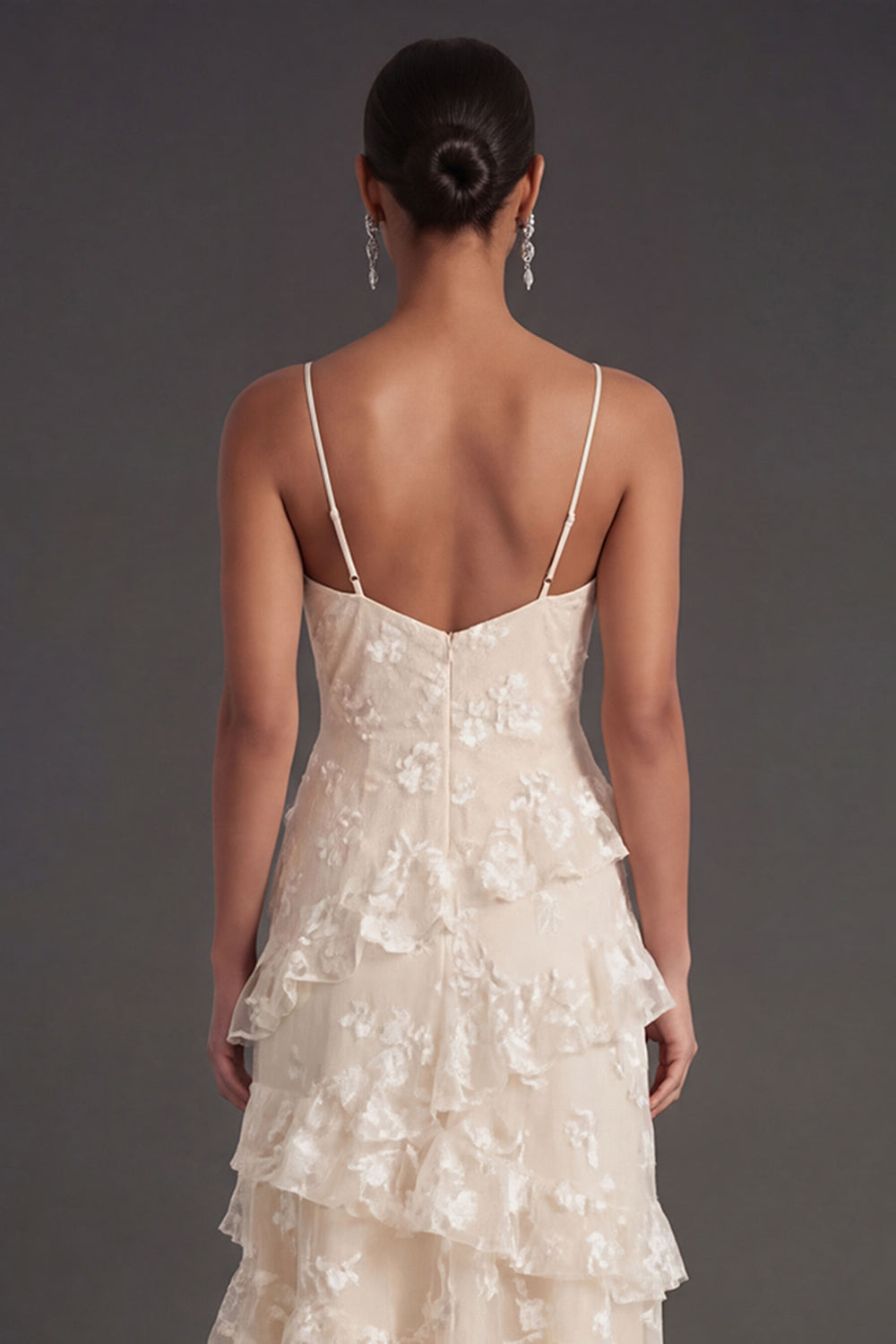 Floral White A Line Spaghetti Straps Ruffled Long Engagement Dress with Slit