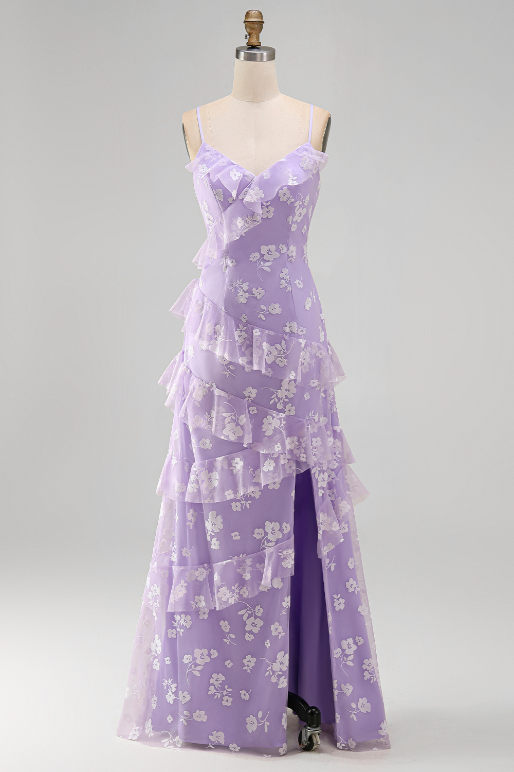 Floral White A Line Spaghetti Straps Ruffled Long Engagement Dress with Slit