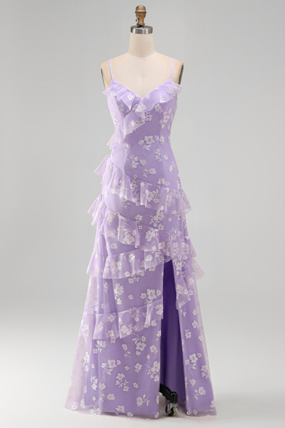 Floral White A Line Spaghetti Straps Ruffled Long Engagement Dress with Slit