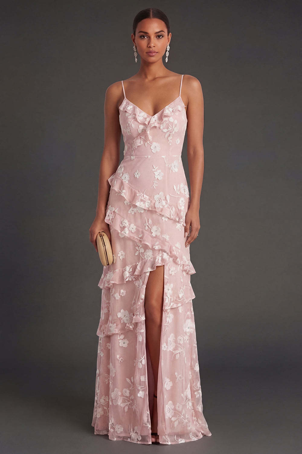 Apricot Floral A Line Spaghetti Straps Ruffled Long Wedding Guest Dress with Slit
