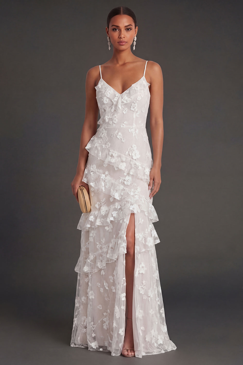 Leely Women Apricot Floral A Line Long Engagement Dress with Slit Spaghetti Straps Ruffled Wedding Reception Dress