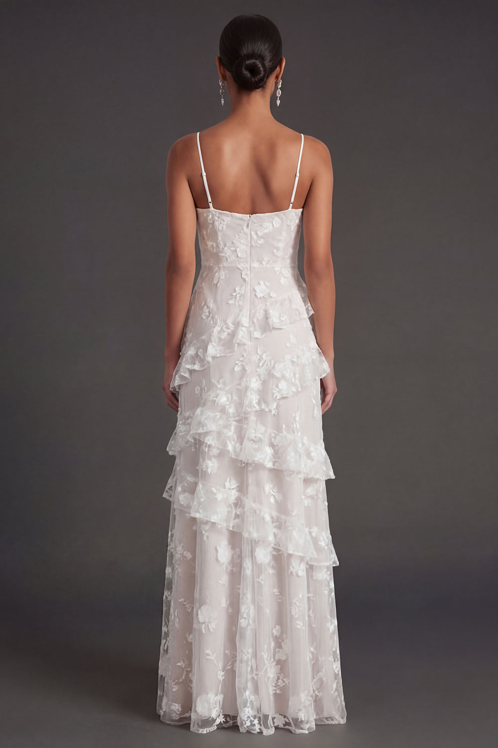 Floral White A Line Spaghetti Straps Ruffled Long Engagement Dress with Slit