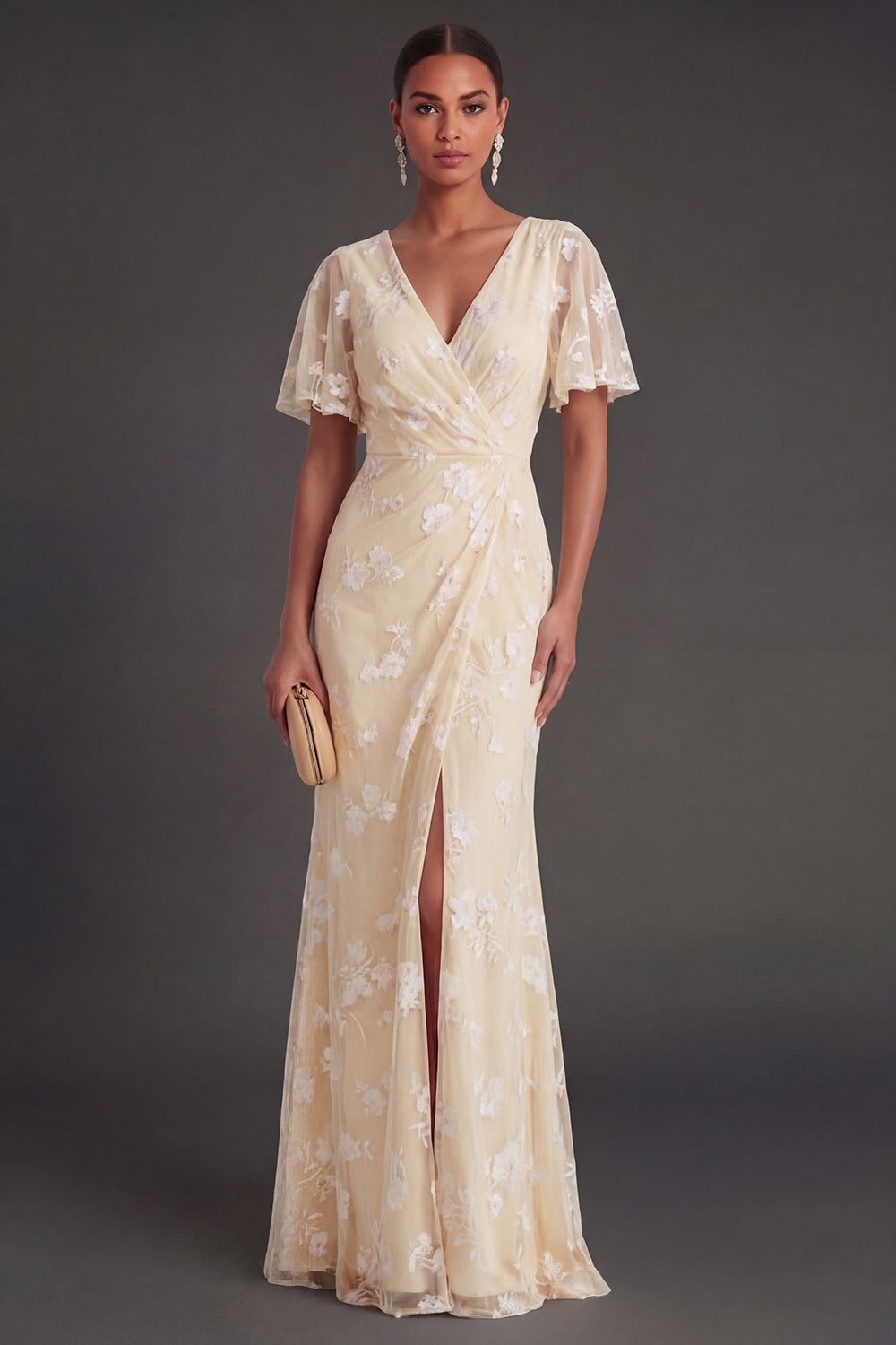 Pink Floral Sheath Appliqued V Neck Long Wedding Guest Dress with Slit